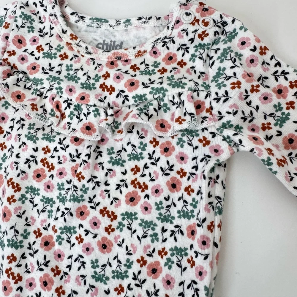 Carter’s Child Of Mine Pink Green White Boho Floral Ruffle Long Sleeve Bodysuit